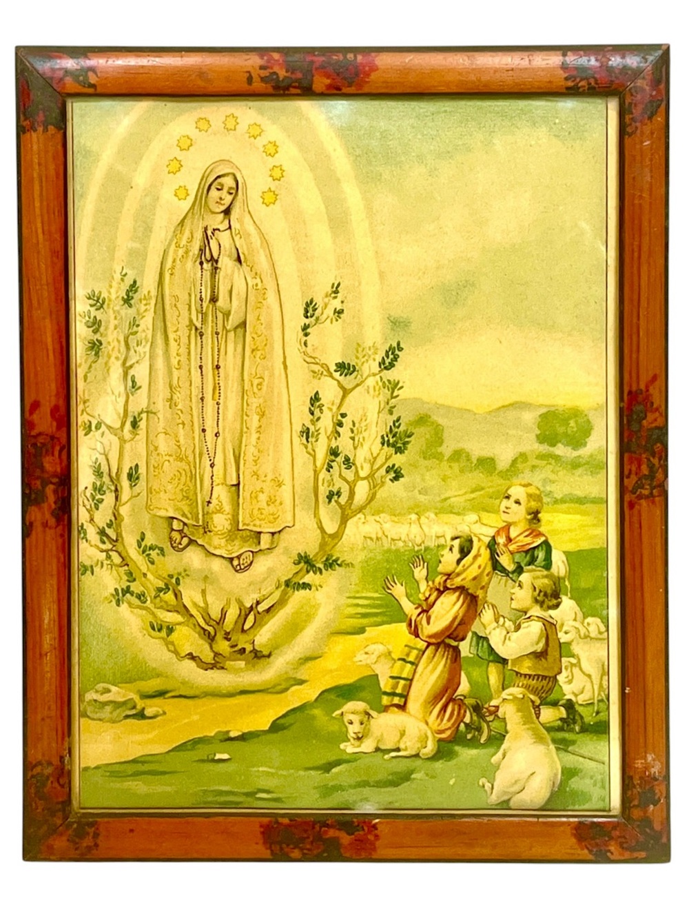 Vintage Devotional Print Hardwood Frame Handpainted Our Lady of Fatima 40s 50s